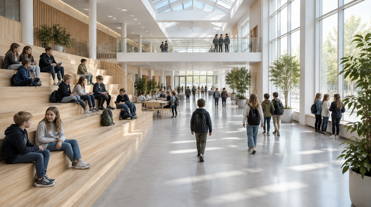 Børn i et lyst skoleatrium med ovenlys og trappeamfi
